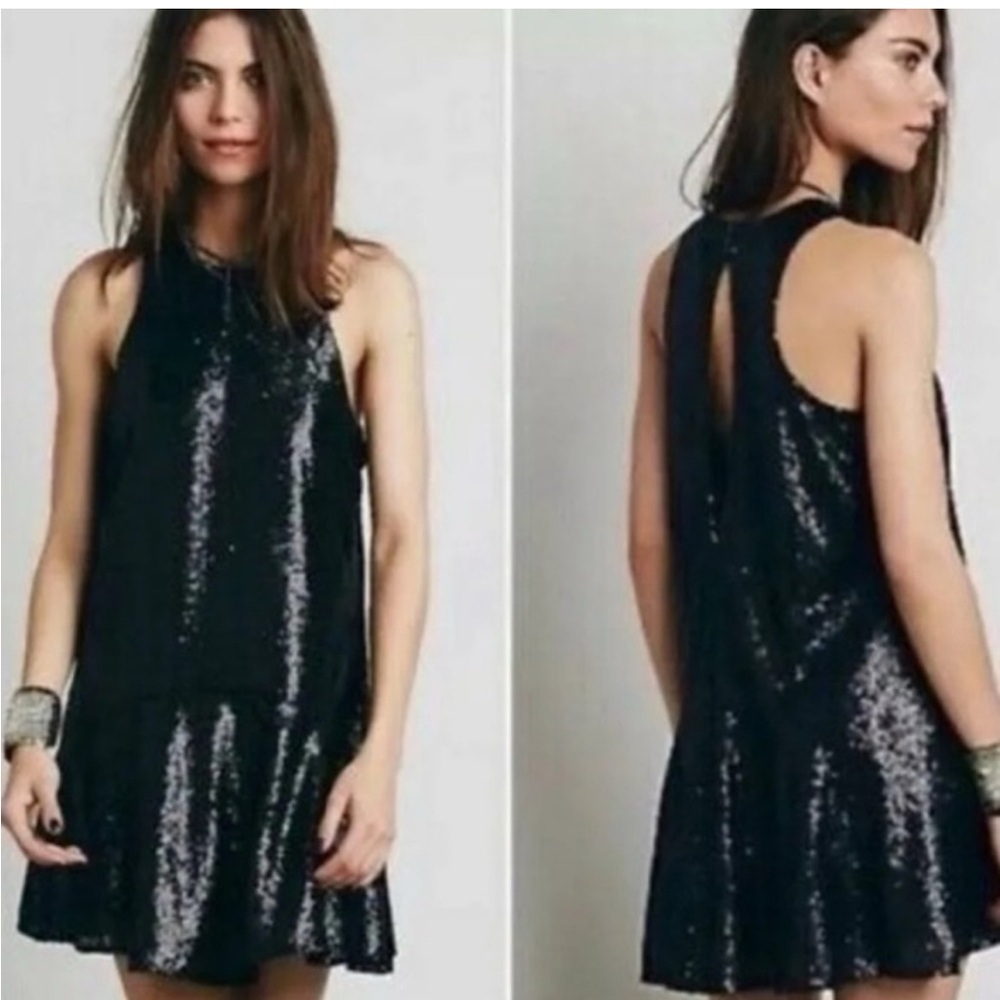 Free People Black Smoke  Sequin Mini Slip Dress Sz S Black Gold Party Holiday